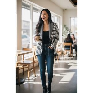 Calvin Klein Jeans Black‎ White Geometric Knit Tie Front Cardigan Sweater Medium